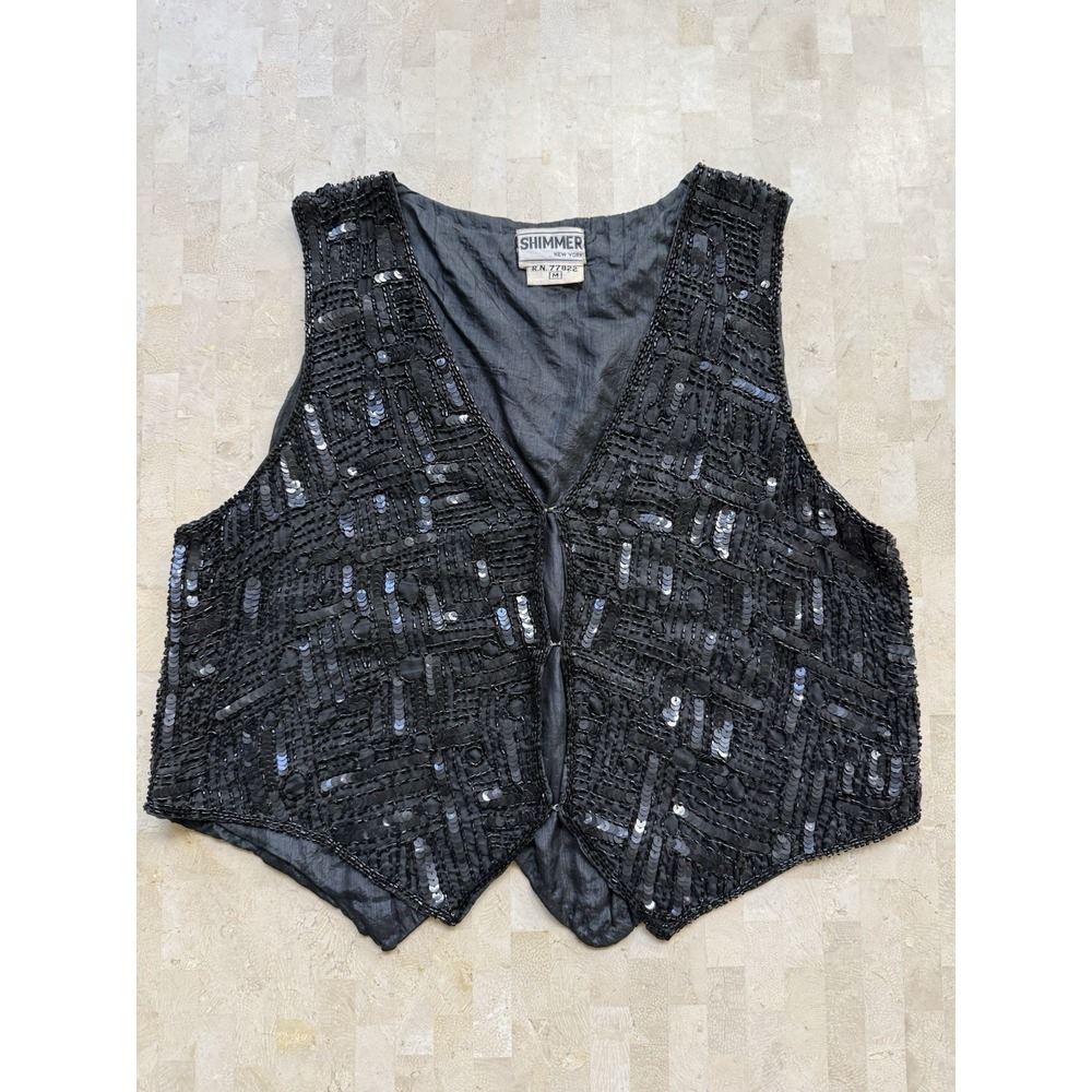 Vintage 100% Silk Beaded Shimmer Black Vest Evening Dress Up NYC Size M